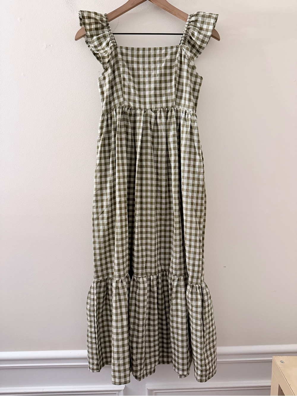 Elloh Womens Gingham Smocked Tiered Square Neck Western Cowgirl Midi Dress green